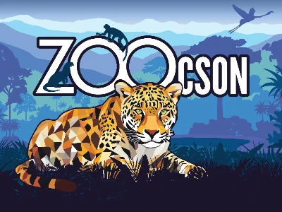 A stylized illustration of a jaguar lying in grass with the word "ZOO" in large white letters behind it. Two monkeys are silhouetted on the letters "Z" and "O", and a bird is flying in the background. The text "CSON" is to the right of the jaguar, completing the word "ZOOCSON".